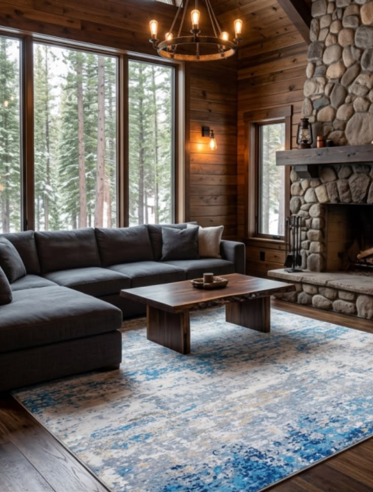 Abstract blue, cream, and gold watercolor area rug in a stone-fireplace cabin living room
