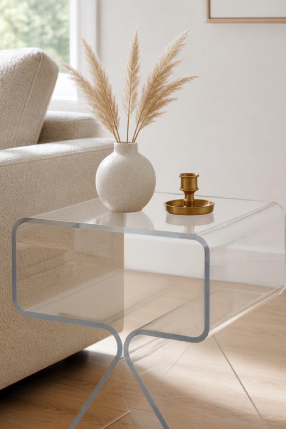 Clear acrylic side table with X-shaped legs and an open shelf, styled with a pink lamp and books, in a cabin living room