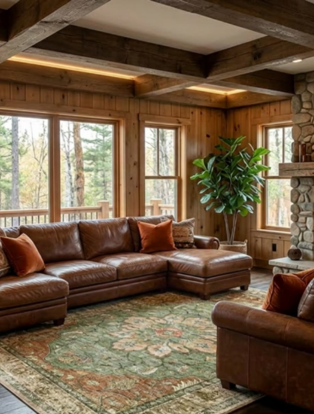 Vintage floral medallion area rug in a cabin living room