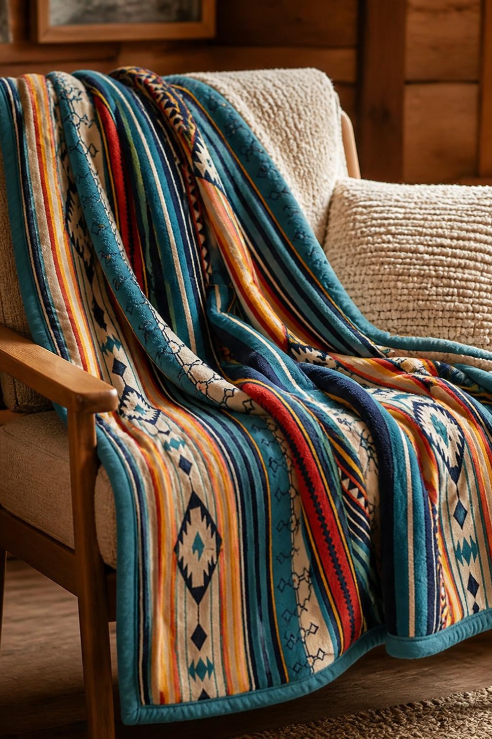 Teal Southwestern Aztec-stripe sherpa throw blanket draped over a wood accent chair in a cabin living room