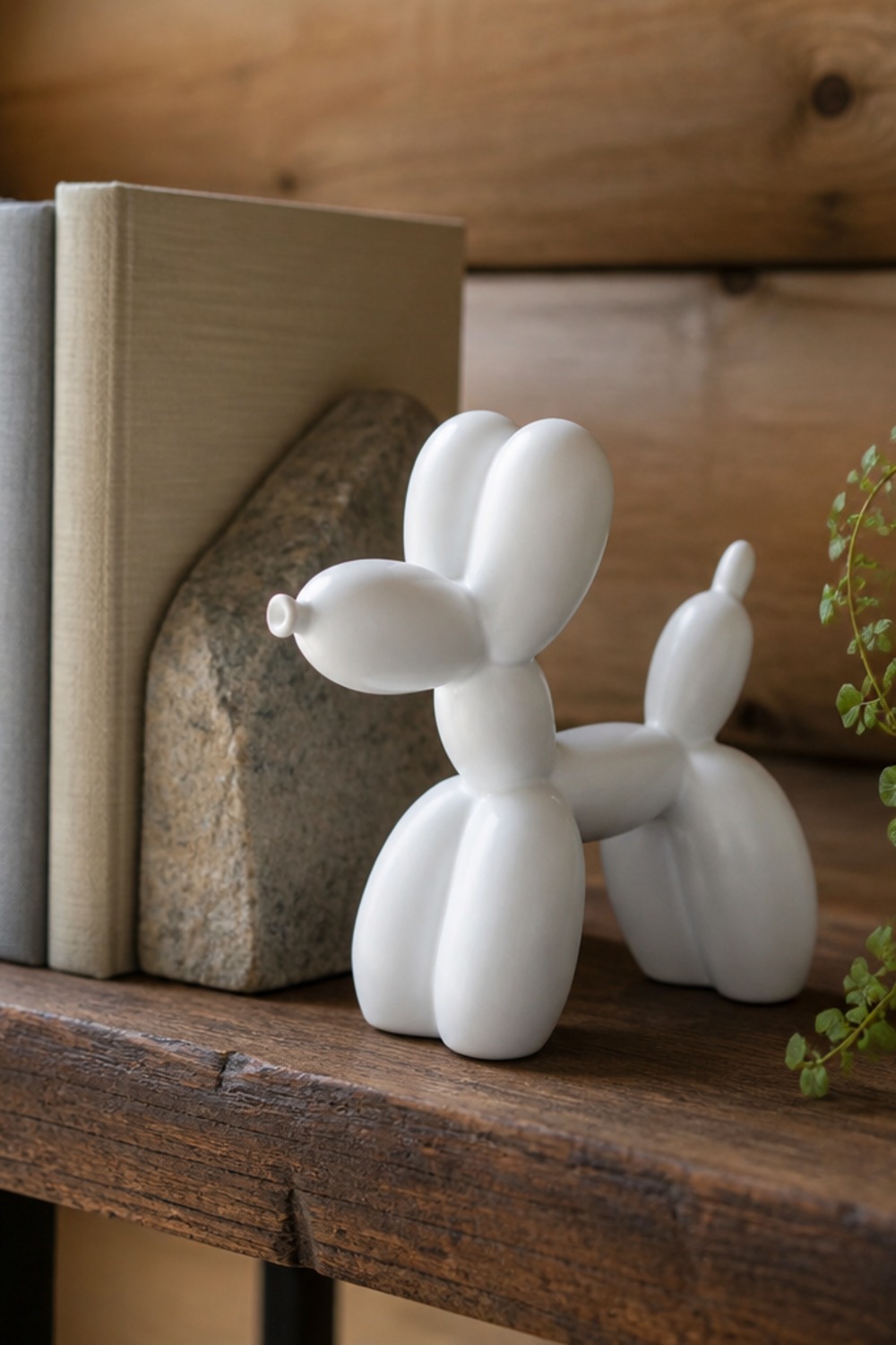 Matte white ceramic balloon-animal dog sculpture on a cabin shelf beside books and a stone bookend