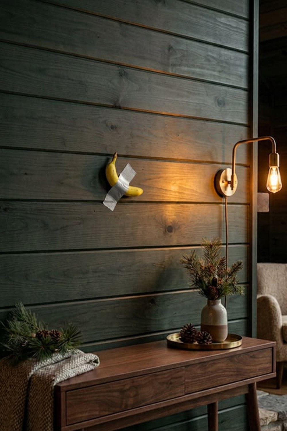 Handmade resin duct-tape banana wall sculpture on a moody green plank wall by a brass sconce in a cabin