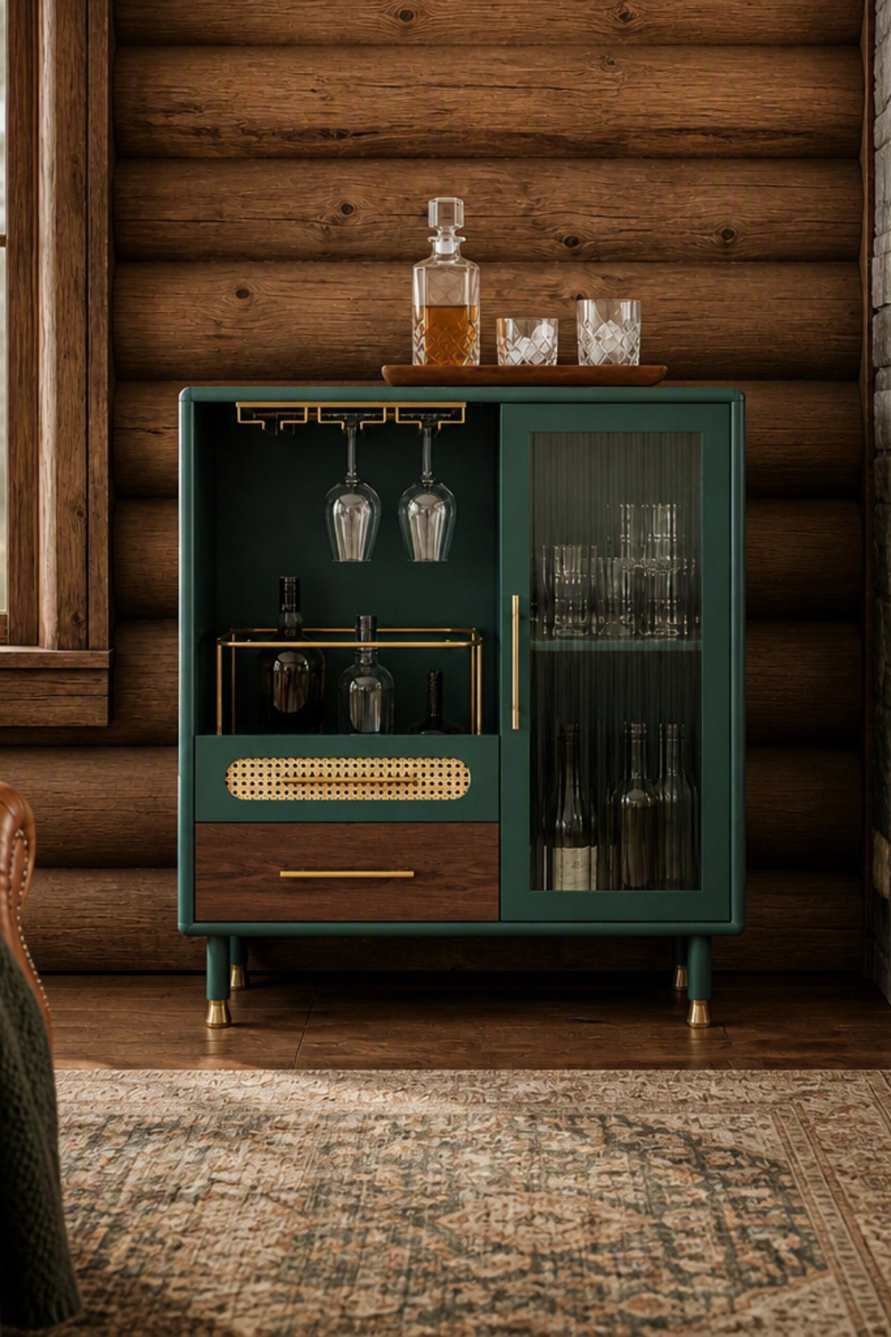 Green lacquered bar cabinet with gold hardware, rattan cane drawer front, fluted glass door, and wine glass rack in a cabin living room