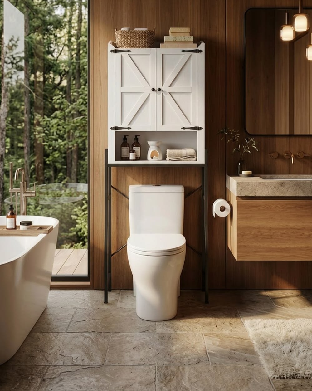 White barn-door over-the-toilet storage cabinet on a black frame in a wood-paneled cabin bathroom