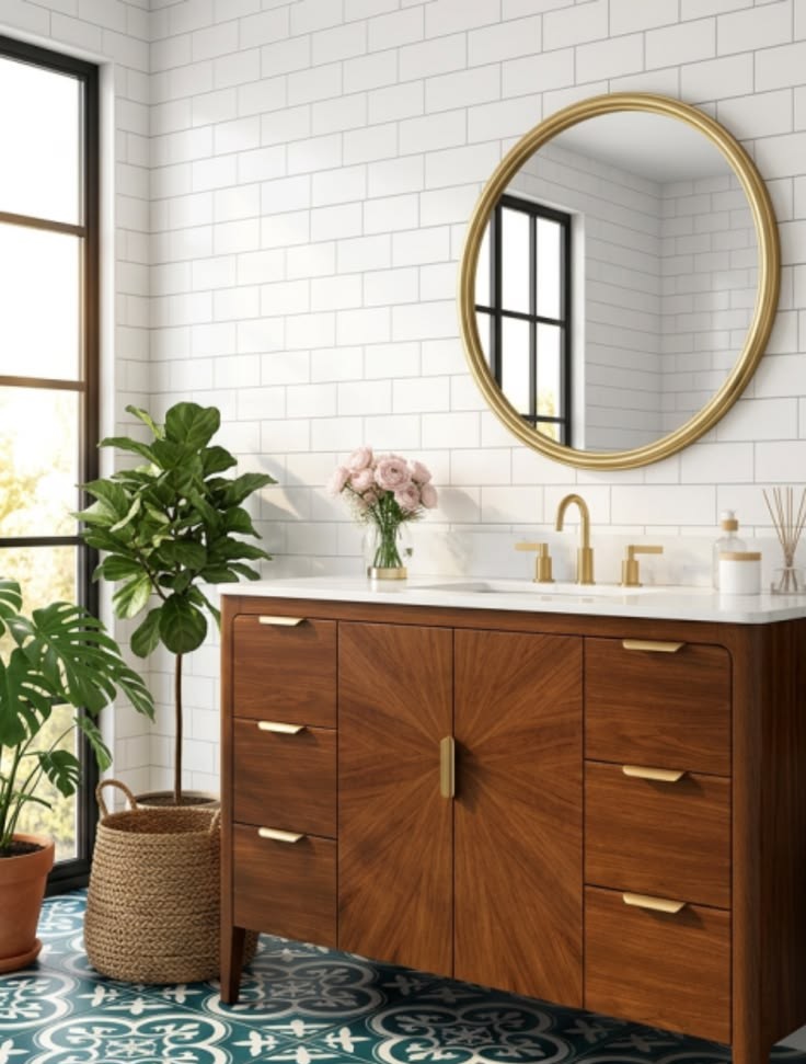 Mid-century walnut bathroom vanity with brass pulls, a quartz top, and a round gold mirror over white subway tile