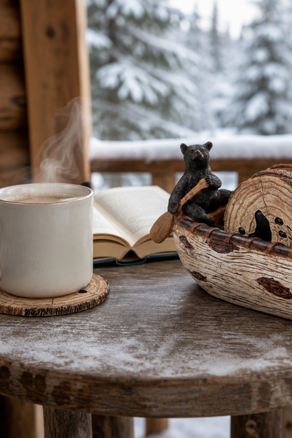 Birch-bark canoe coaster set with black bear figurines, steaming mug and coaster on a snowy cabin porch table