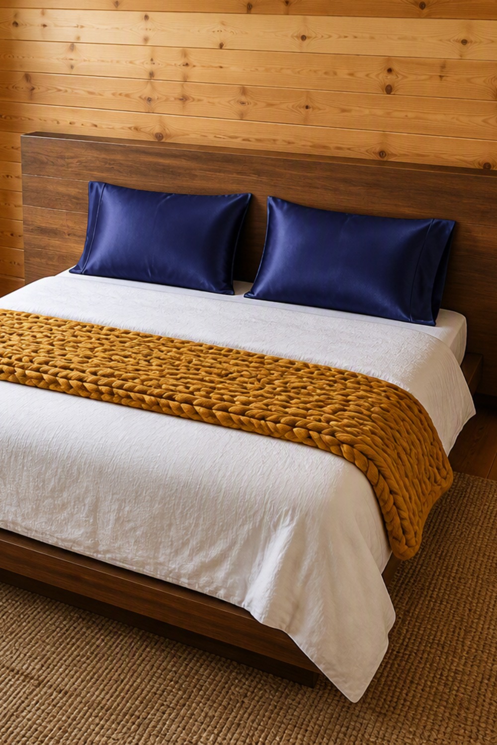 Two glossy deep-navy satin pillowcases on plump pillows at the head of a bed with white linens and a chunky mustard-gold knit blanket, against a pine wall in a log-cabin bedroom