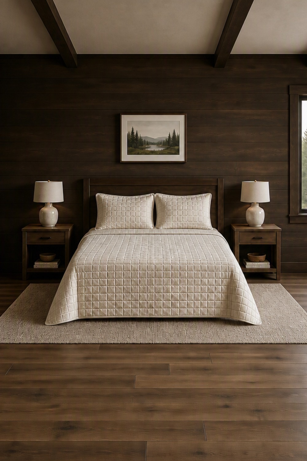 Beige quilted velvet quilt with two matching quilted shams on a made bed in a dark-paneled cabin bedroom