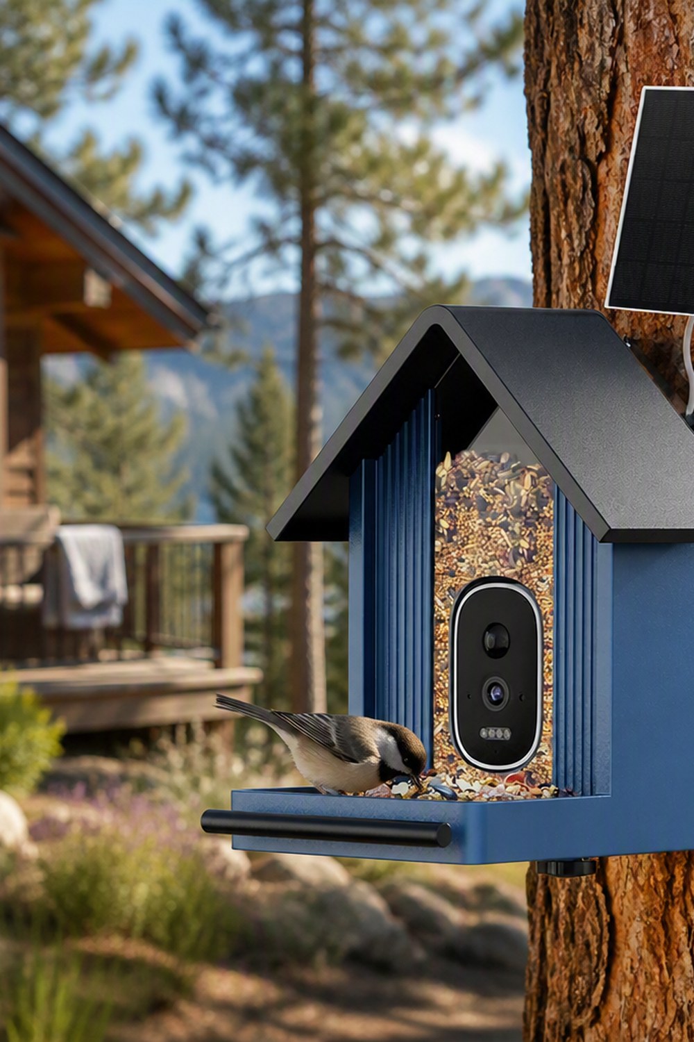Slate blue smart bird feeder with camera and solar panel mounted on a pine trunk with a chickadee on the perch