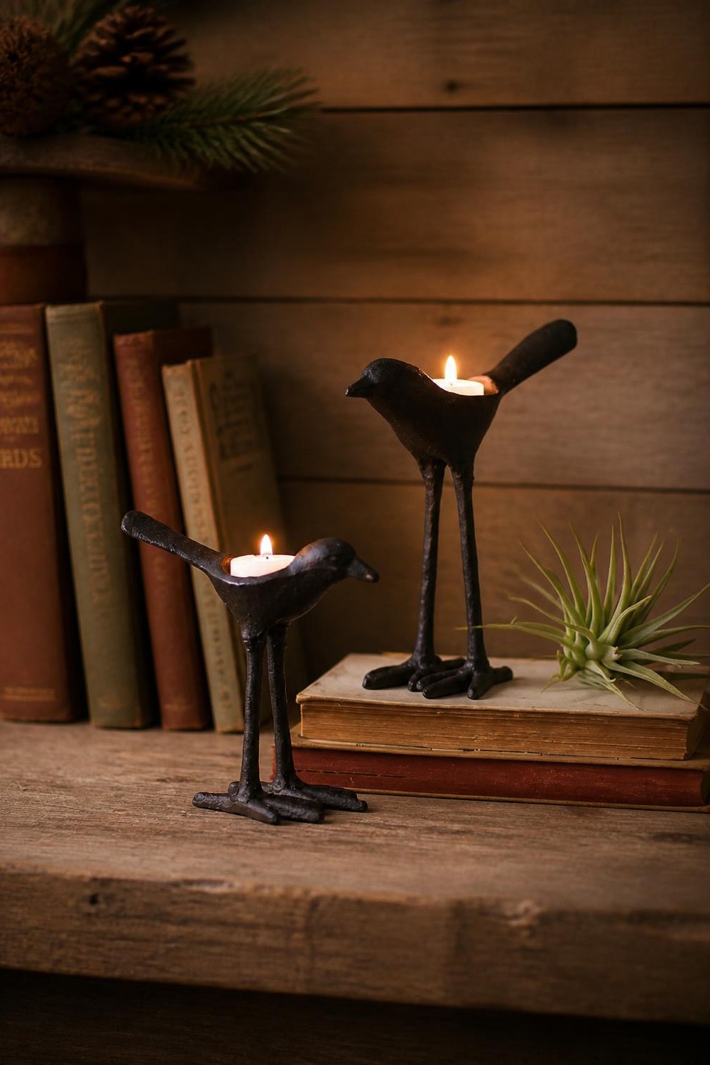 Pair of cast-iron long-legged bird tea light holders on a cabin bookshelf with an air plant