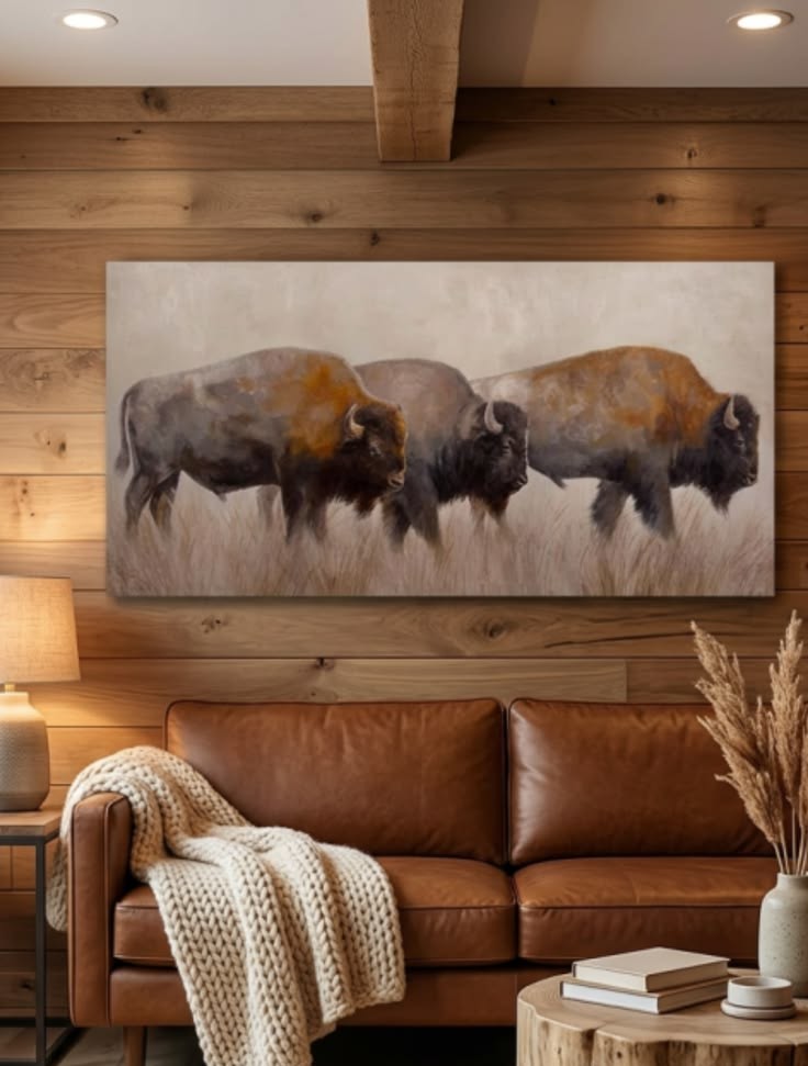 Wide canvas of three bison crossing the prairie, hung above a leather sofa in a wood-paneled cabin living room