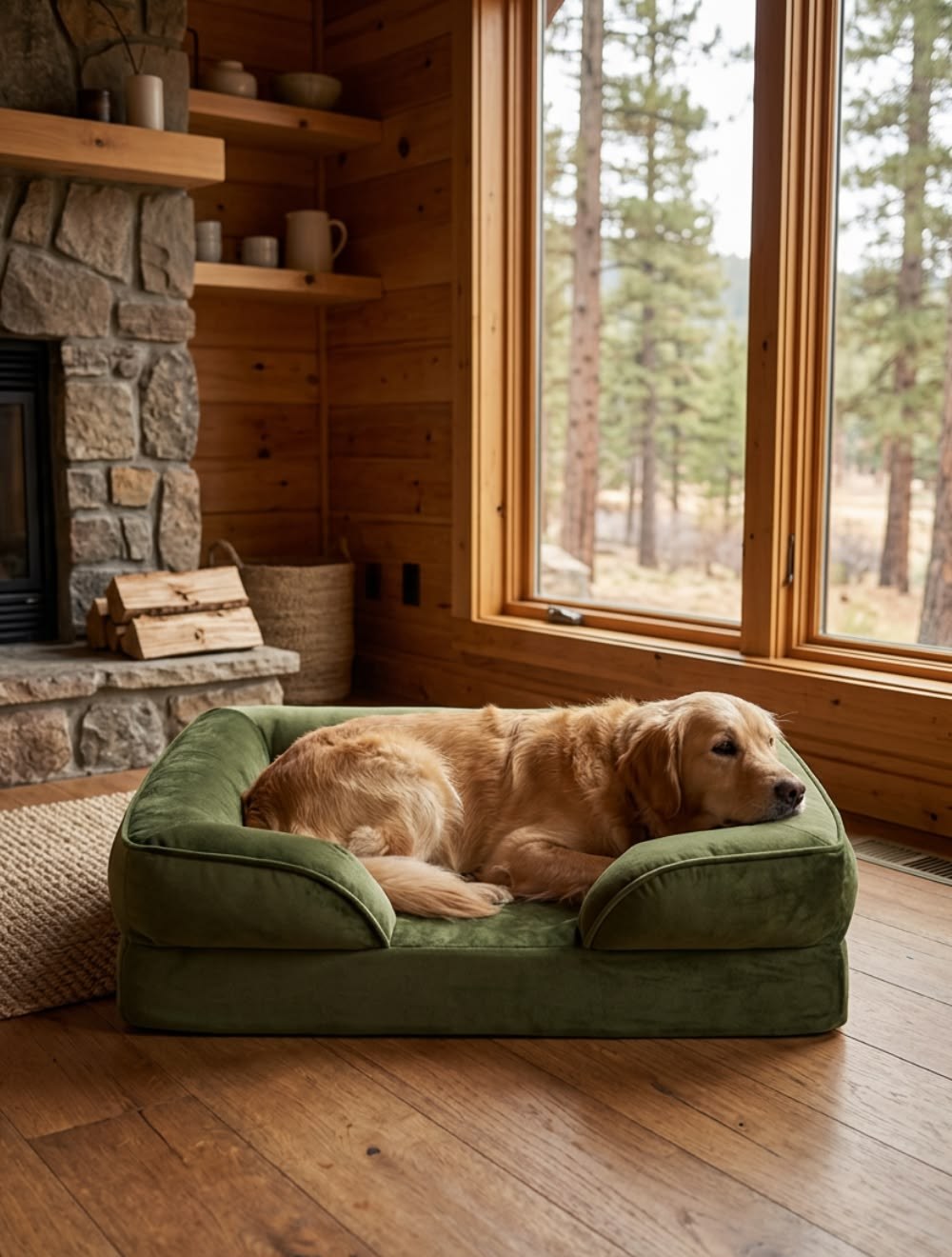 Olive-green orthopedic bolster dog bed with a golden retriever napping by a cabin stone fireplace