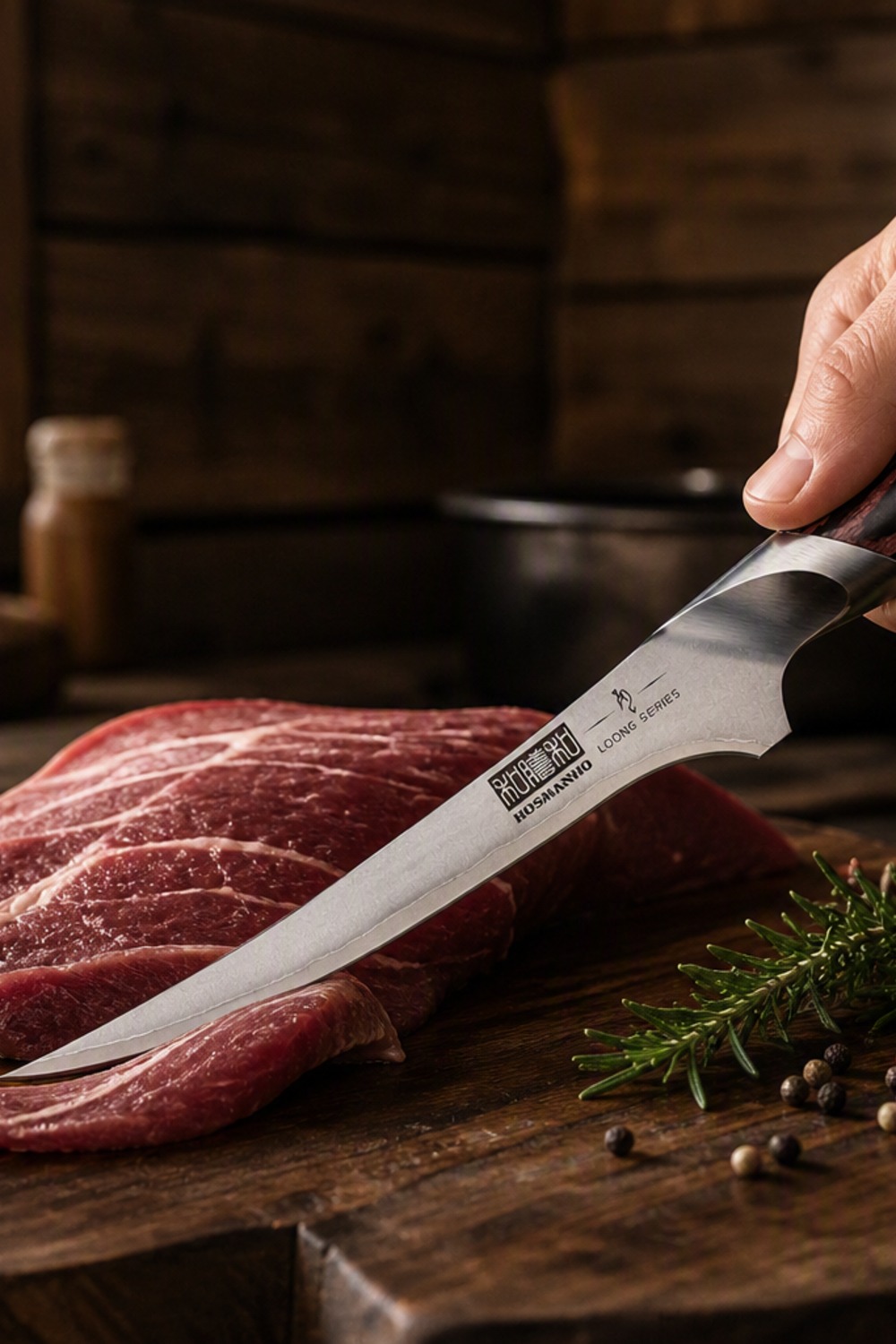 Curved fillet and boning knife with an engraved Loong Series logo on the blade, slicing raw meat on a wood cutting board