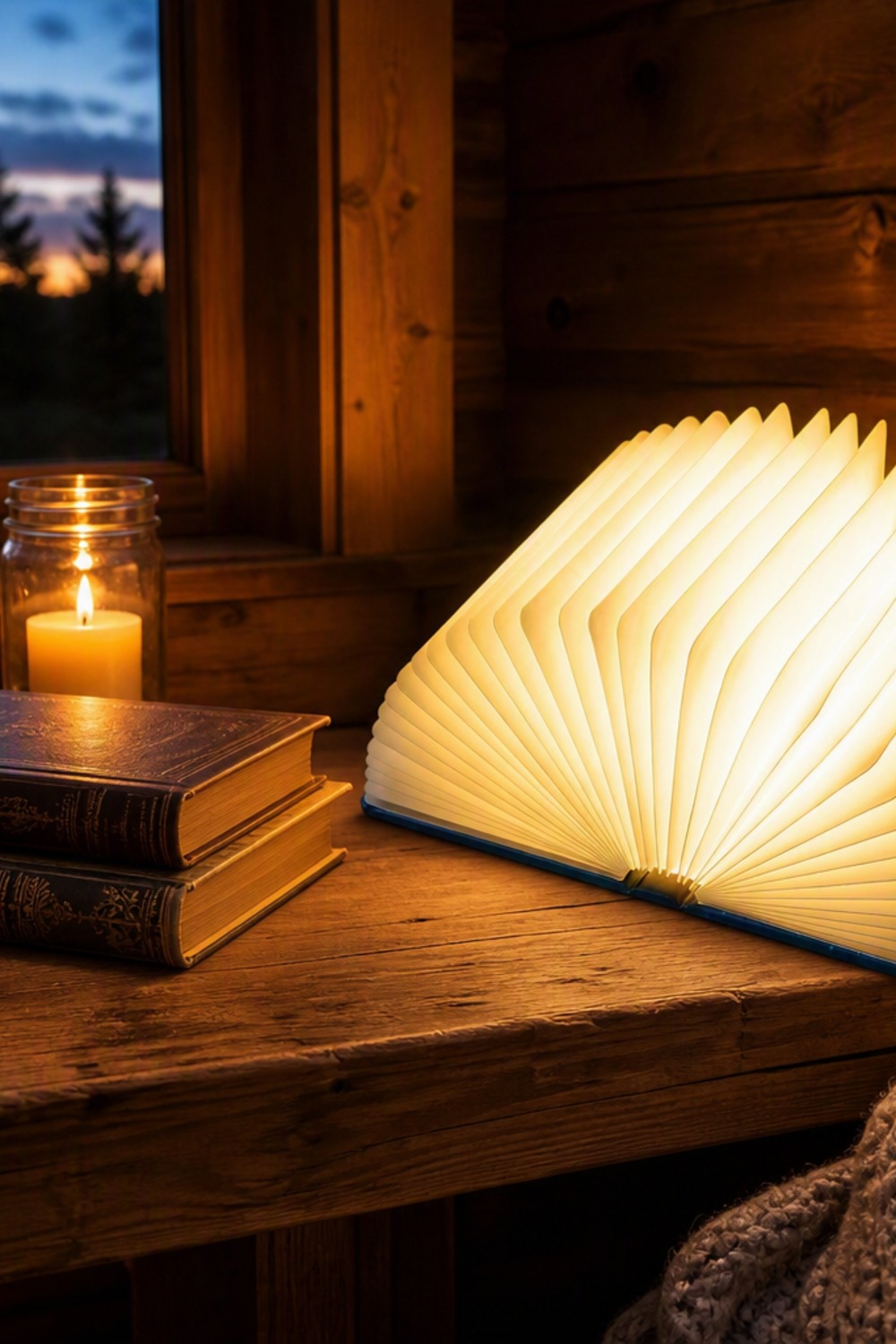 Wooden book-shaped LED lamp with celestial gold-foil cover, pages fanned open and glowing warm, on a cabin side table with candles and a stack of books