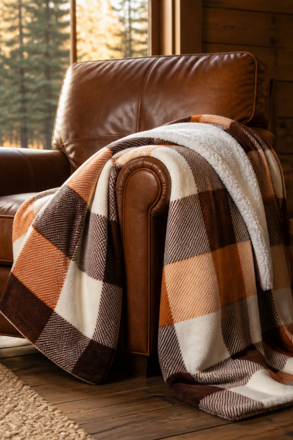 Rust orange, chocolate brown and cream buffalo check sherpa throw draped over a cognac leather armchair in a cabin living room