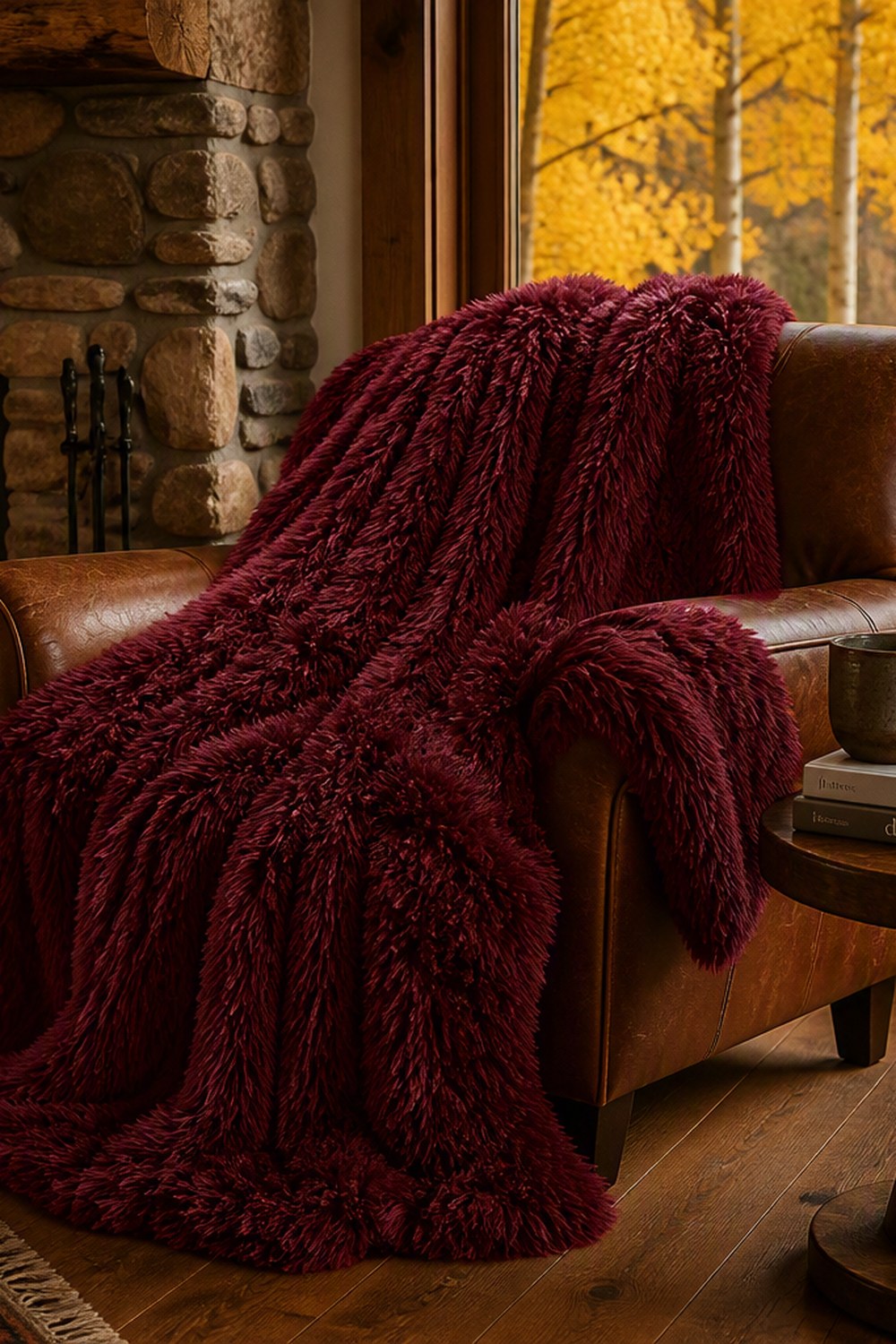 Deep burgundy shaggy faux fur throw blanket draped over a cognac leather armchair by a stone fireplace with golden aspens outside