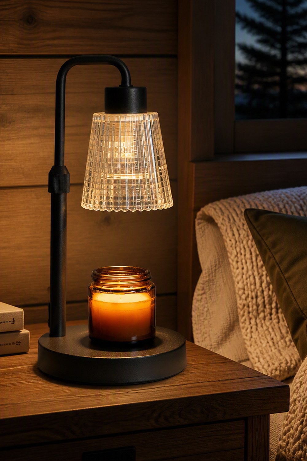 Black candle warmer lamp with fluted glass shade glowing over an amber jar candle on a walnut nightstand in a cabin bedroom