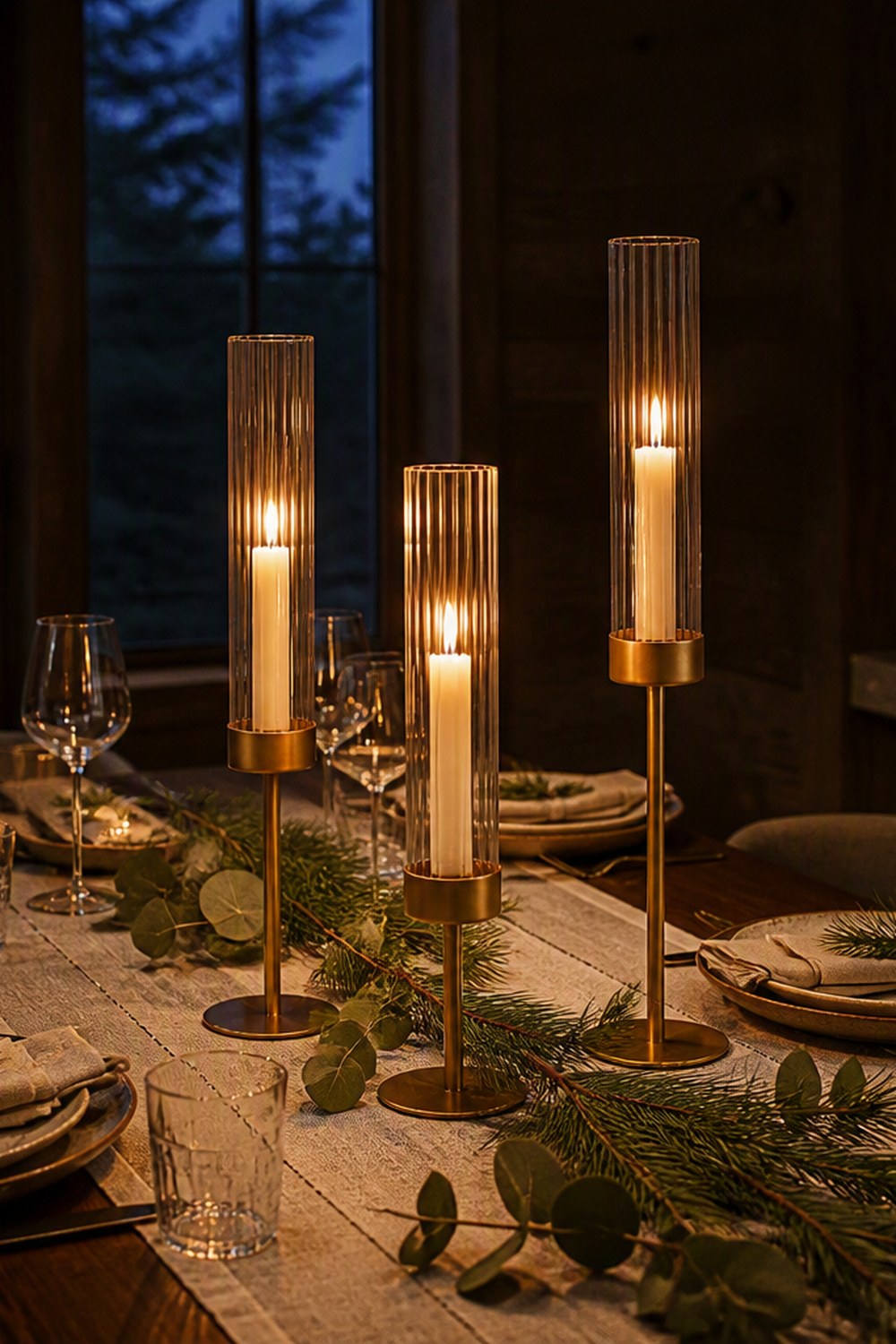 Three gold candlestick holders with ribbed glass hurricane sleeves and lit taper candles on a cabin dinner table with pine sprigs
