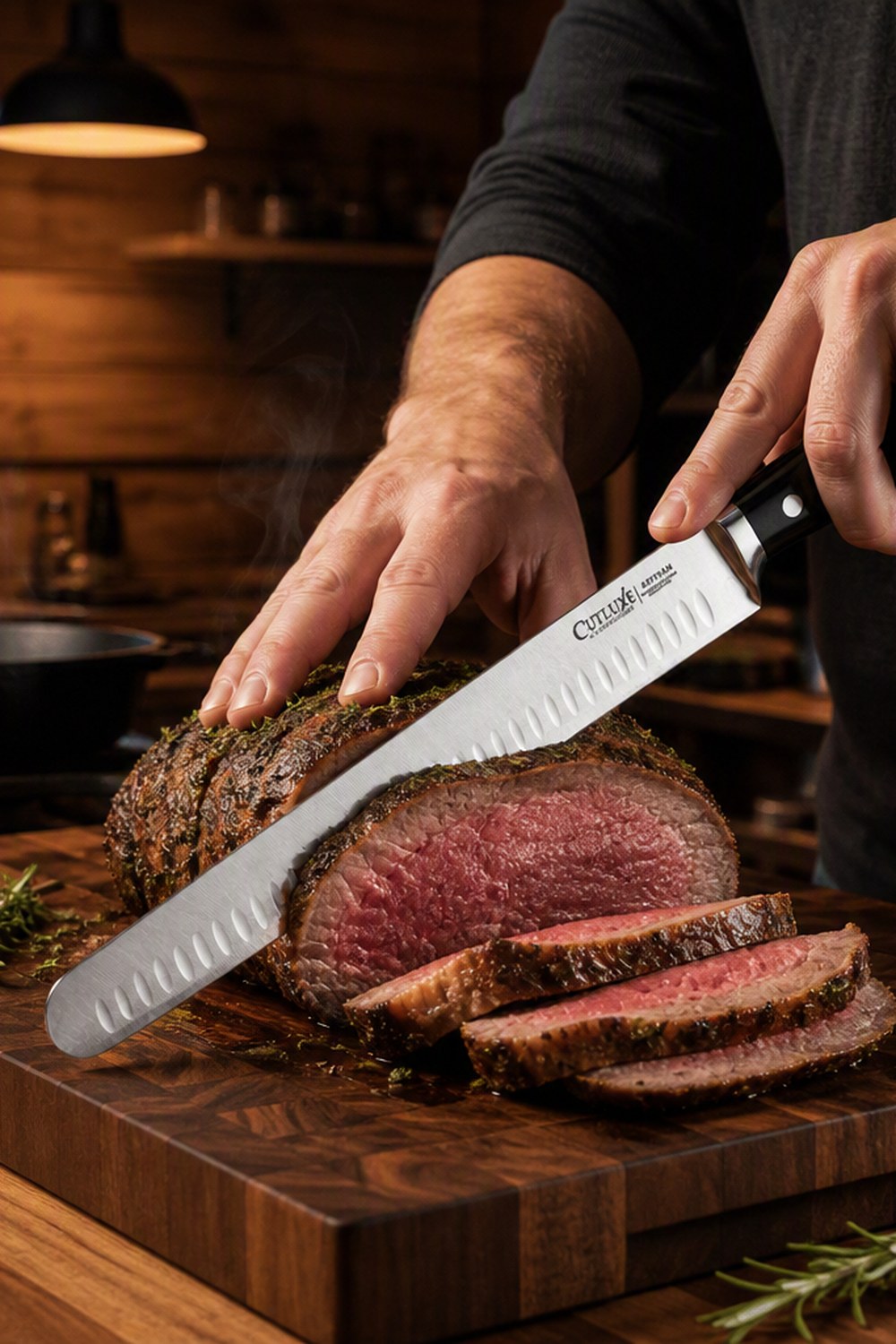 Hands carving an herb-crusted roast with a long granton-edge slicing knife on a walnut board in a cabin kitchen