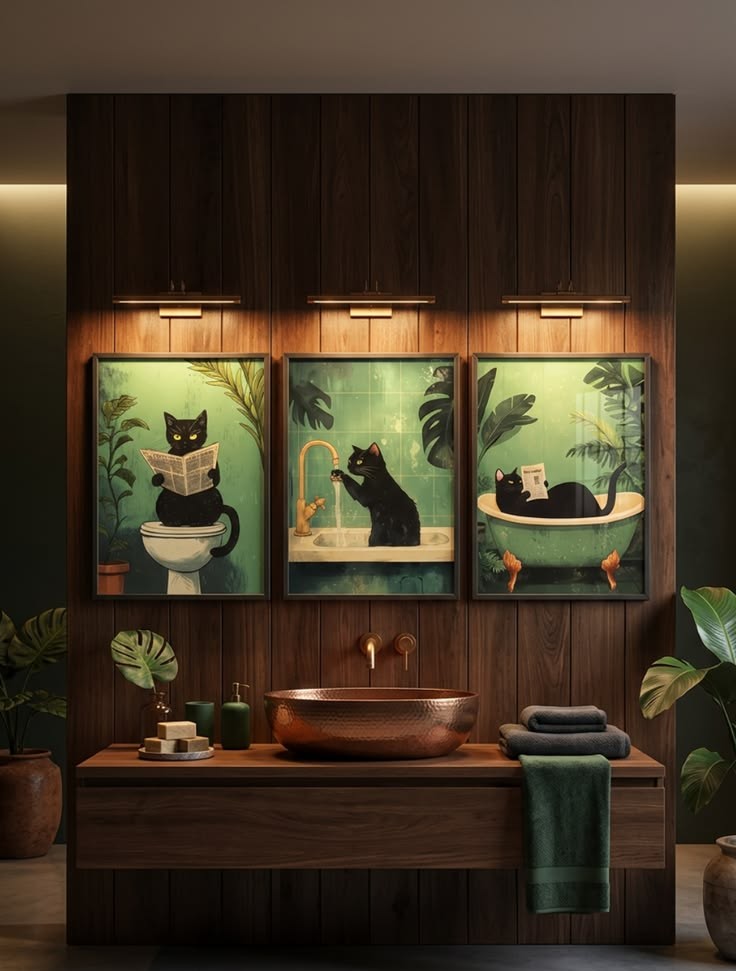 Set of three framed black-cat bathroom prints over a wood vanity with a hammered copper sink