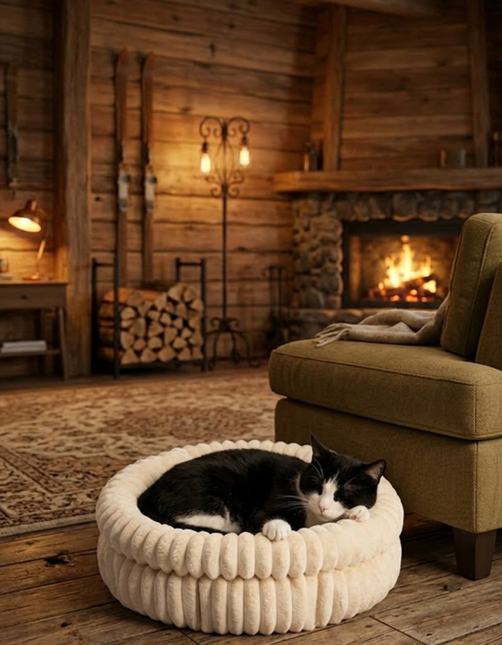 Round cream faux-fur pet bed with a cat curled up by a cabin fireplace