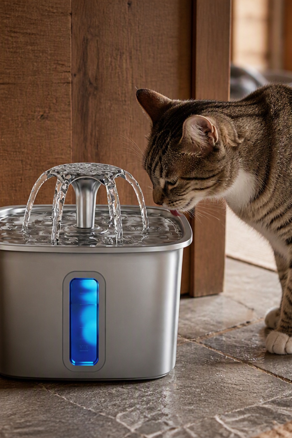 Stainless steel multi-tier pet water fountain with a cat drinking beside it in a cabin kitchen
