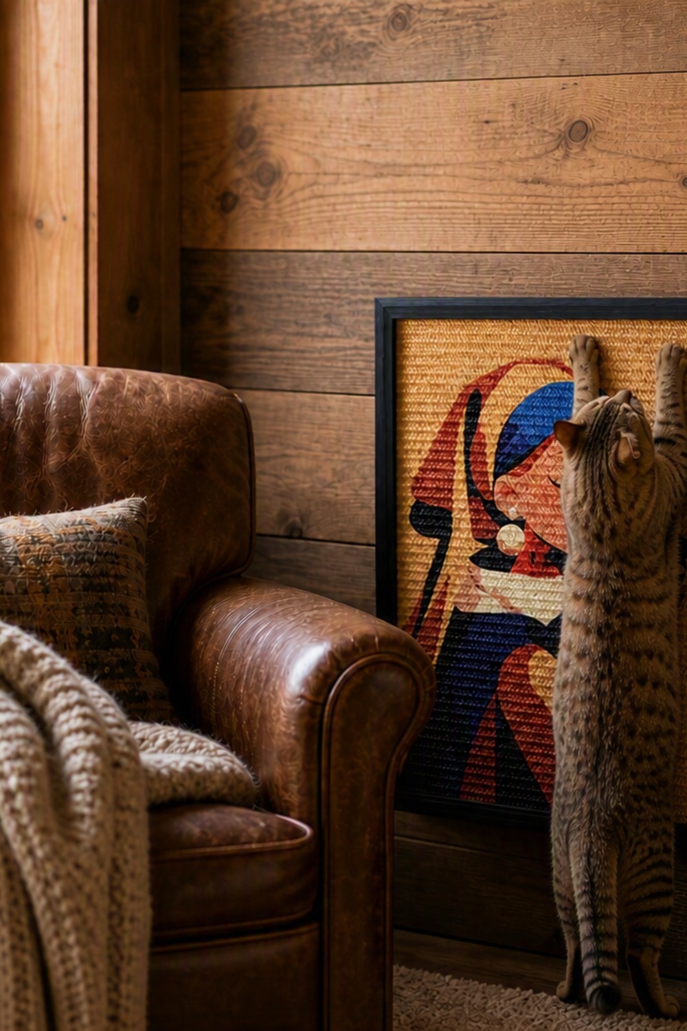 Framed Girl with a Pearl Earring cat-parody wall art doubling as a sisal scratching pad, mounted beside a cozy cabin reading chair