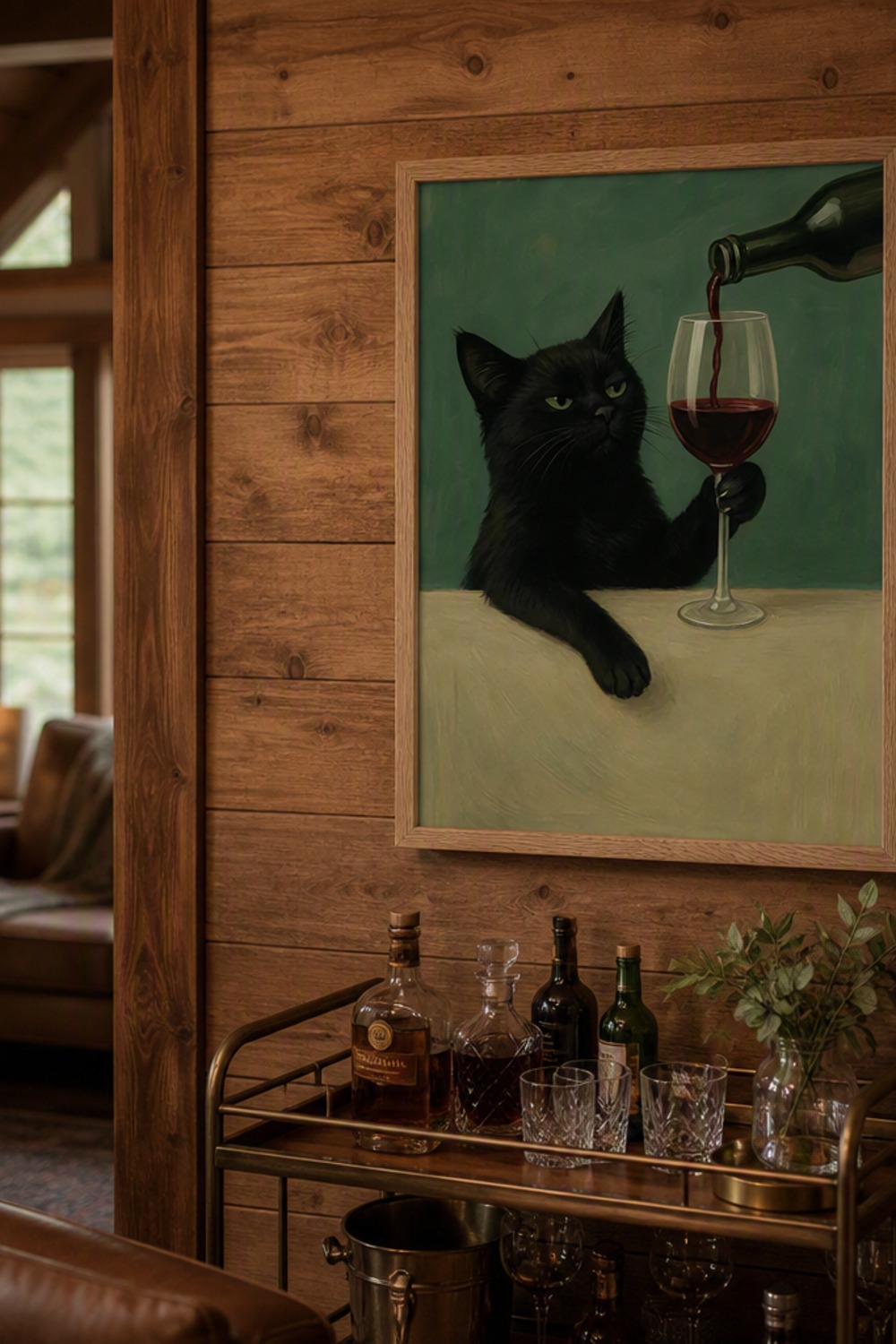 Framed moody painting of a black cat holding a wine glass while wine pours in, hung above a corner bar cart in a cabin