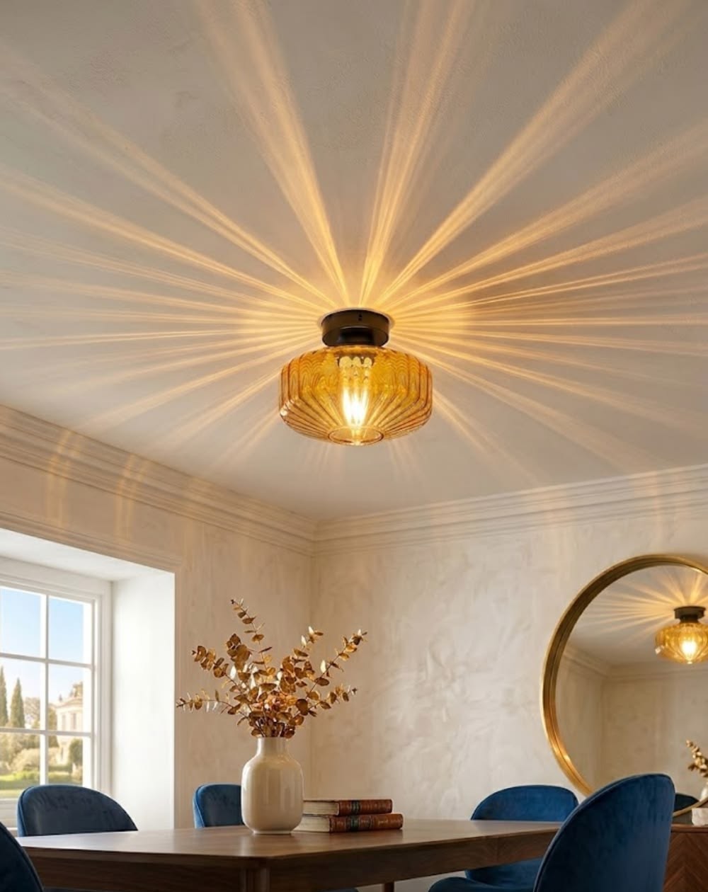 Amber glass semi-flush ceiling light casting a warm starburst glow