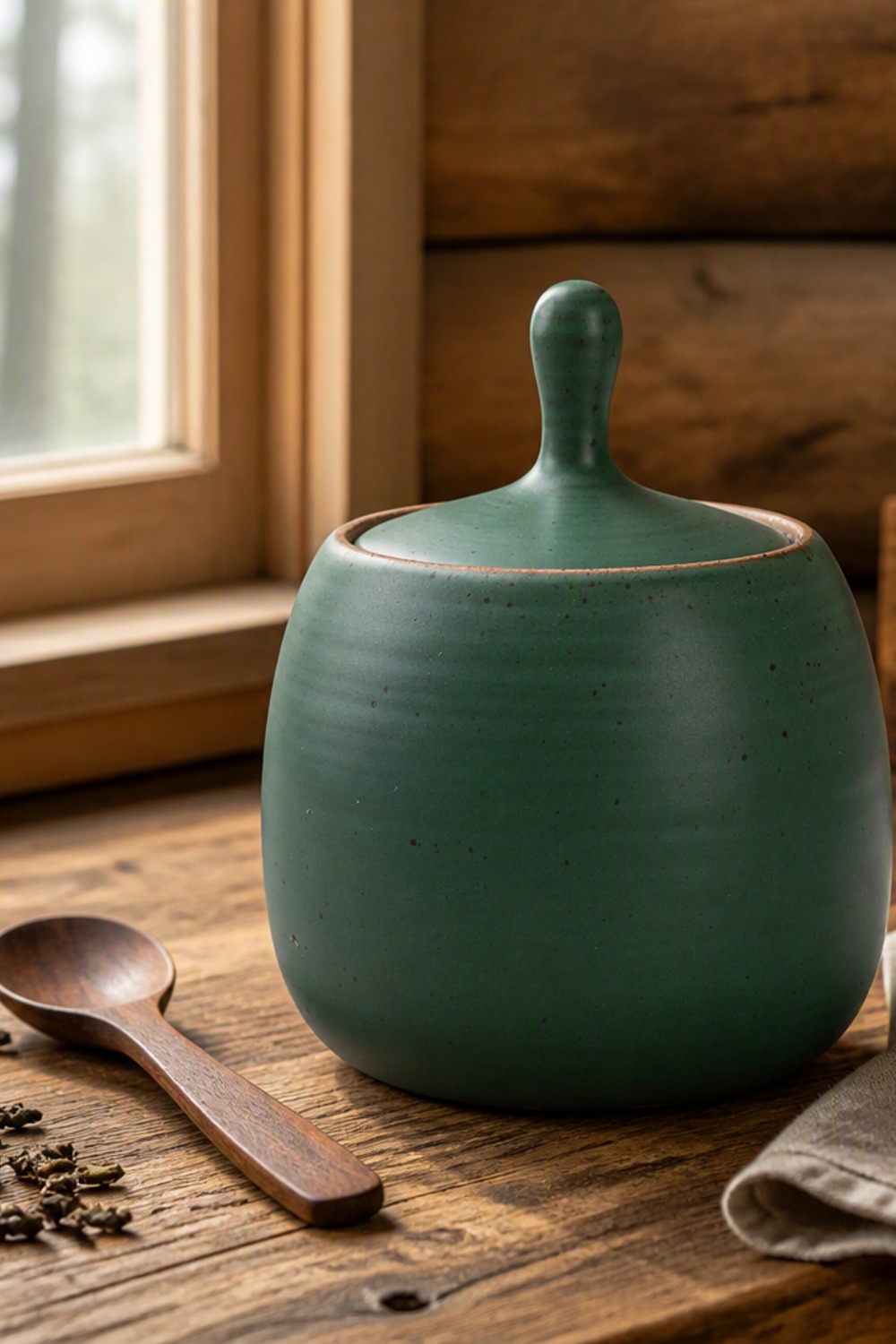Speckled green retro ceramic storage canister with a teardrop lid on a wood counter