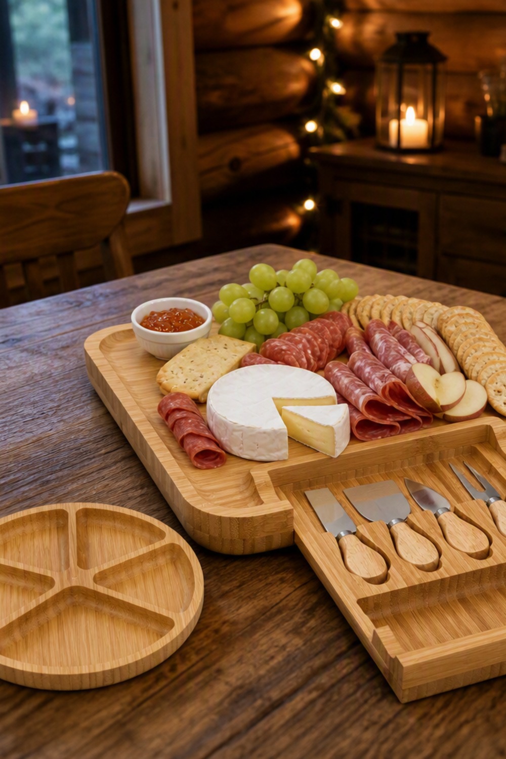 Bamboo charcuterie board with a slide-out cheese knife drawer and round fruit tray, styled with cheese, meats, and fruit on a cabin table