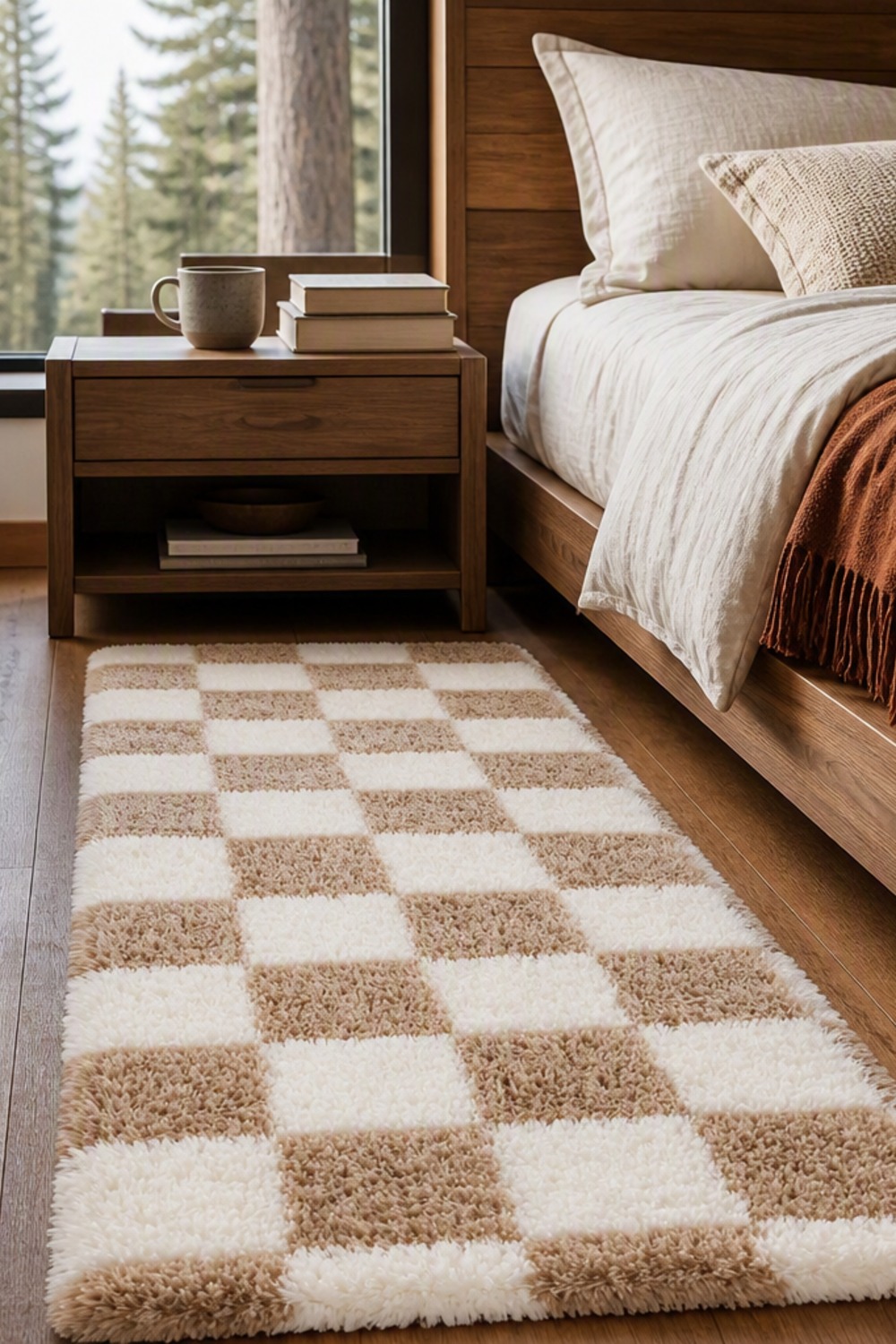 Beige and cream shaggy checkerboard runner rug beside a wood bed in a cabin bedroom, with books and a mug on the nightstand