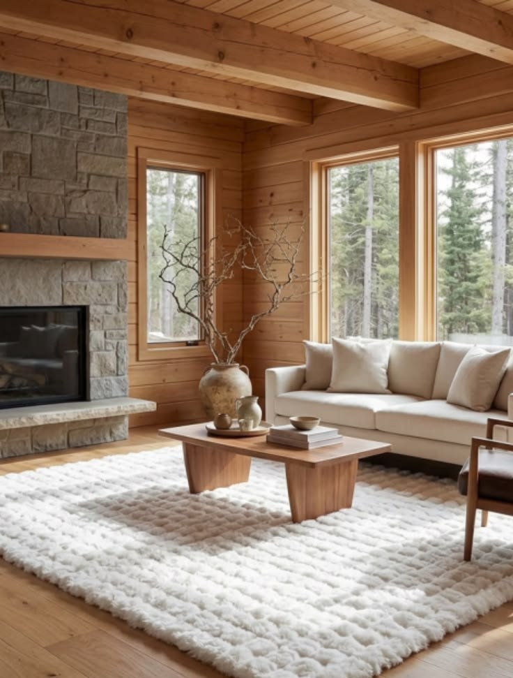 Off-white checkered washable area rug grounding a cabin living room with a linen sofa and stone fireplace