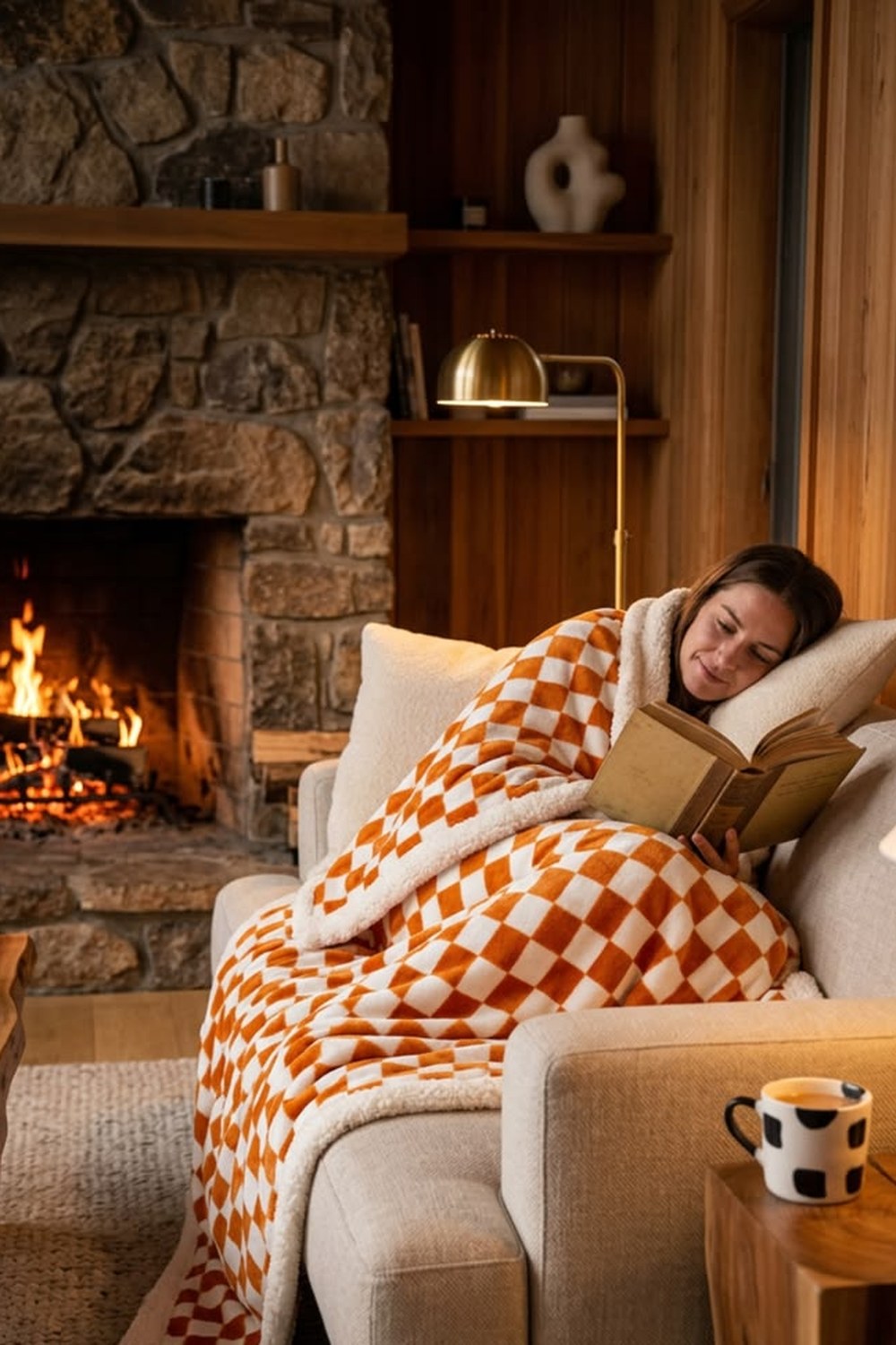 Orange and cream checkerboard sherpa throw wrapped up on a cream sofa by a stone fireplace in a cabin