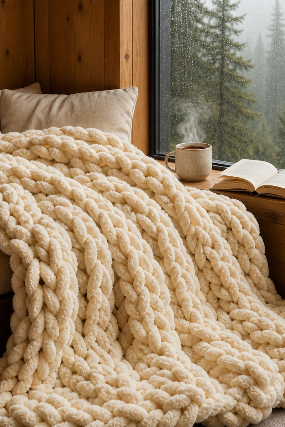 Cream chunky knit chenille throw blanket pooled on a cabin window seat with a steaming mug and misty pines outside