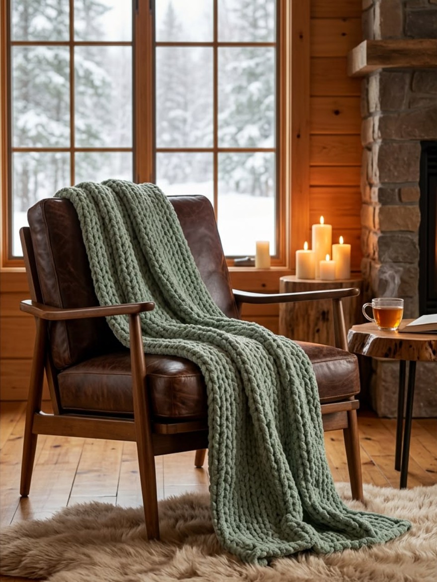 Sage green chunky knit chenille throw draped over a mid-century leather chair by a snowy cabin window
