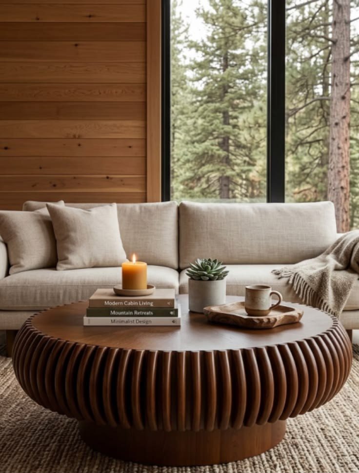 Round fluted walnut drum coffee table in front of a linen sofa in a cabin living room with forest windows