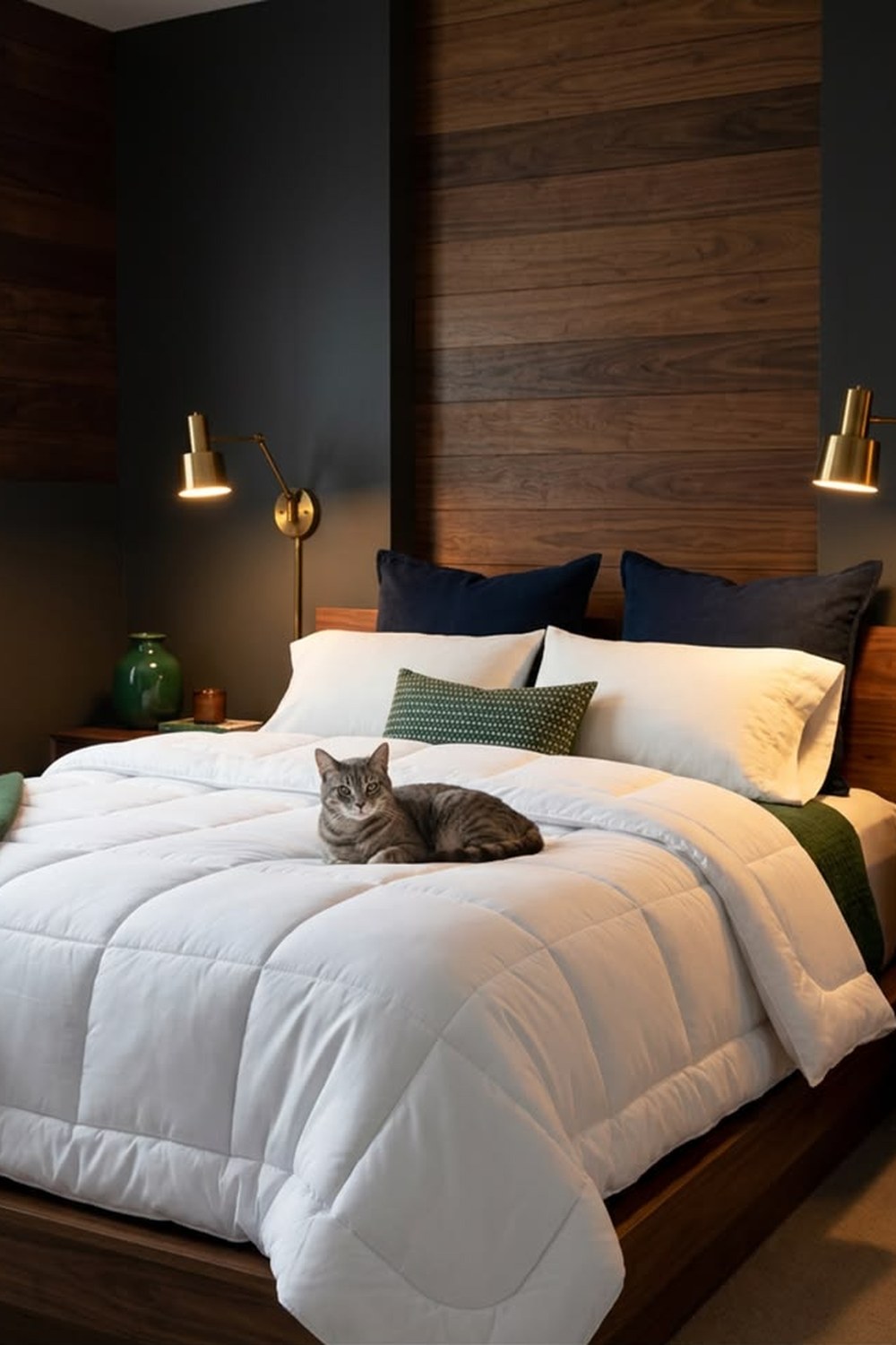 Fluffy white down-alternative comforter on a walnut platform bed with navy pillows in a moody cabin bedroom