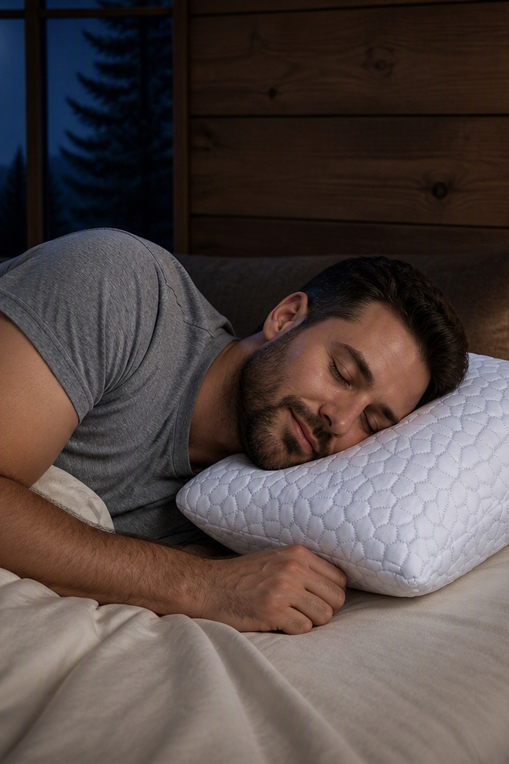 Man sleeping on his side on a white cooling memory foam pillow with quilted cover in a moonlit cabin bedroom