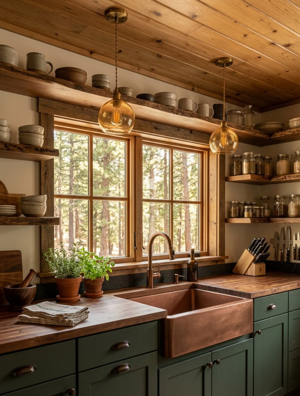 Hammered copper apron-front farmhouse sink in a cabin kitchen with green cabinets and forest windows