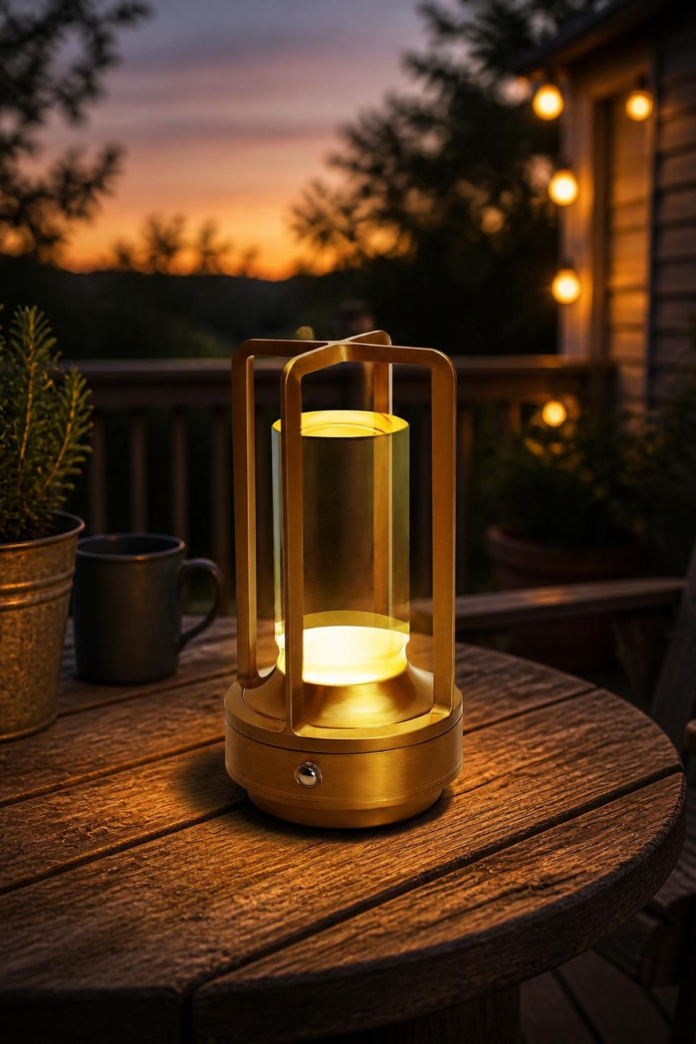 Brass cordless lantern-style LED table lamp glowing on a wood backyard deck table at dusk