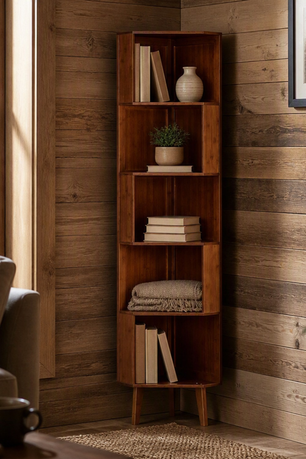 Tall 5-tier walnut bamboo corner bookshelf styled with books, a vase, and a plant in a cabin living room corner