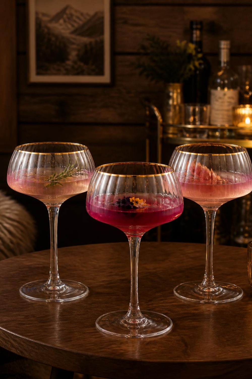 Ribbed coupe cocktail glasses with gold rims and a rose gradient dip, filled with colorful cocktails on a cabin bar cart table