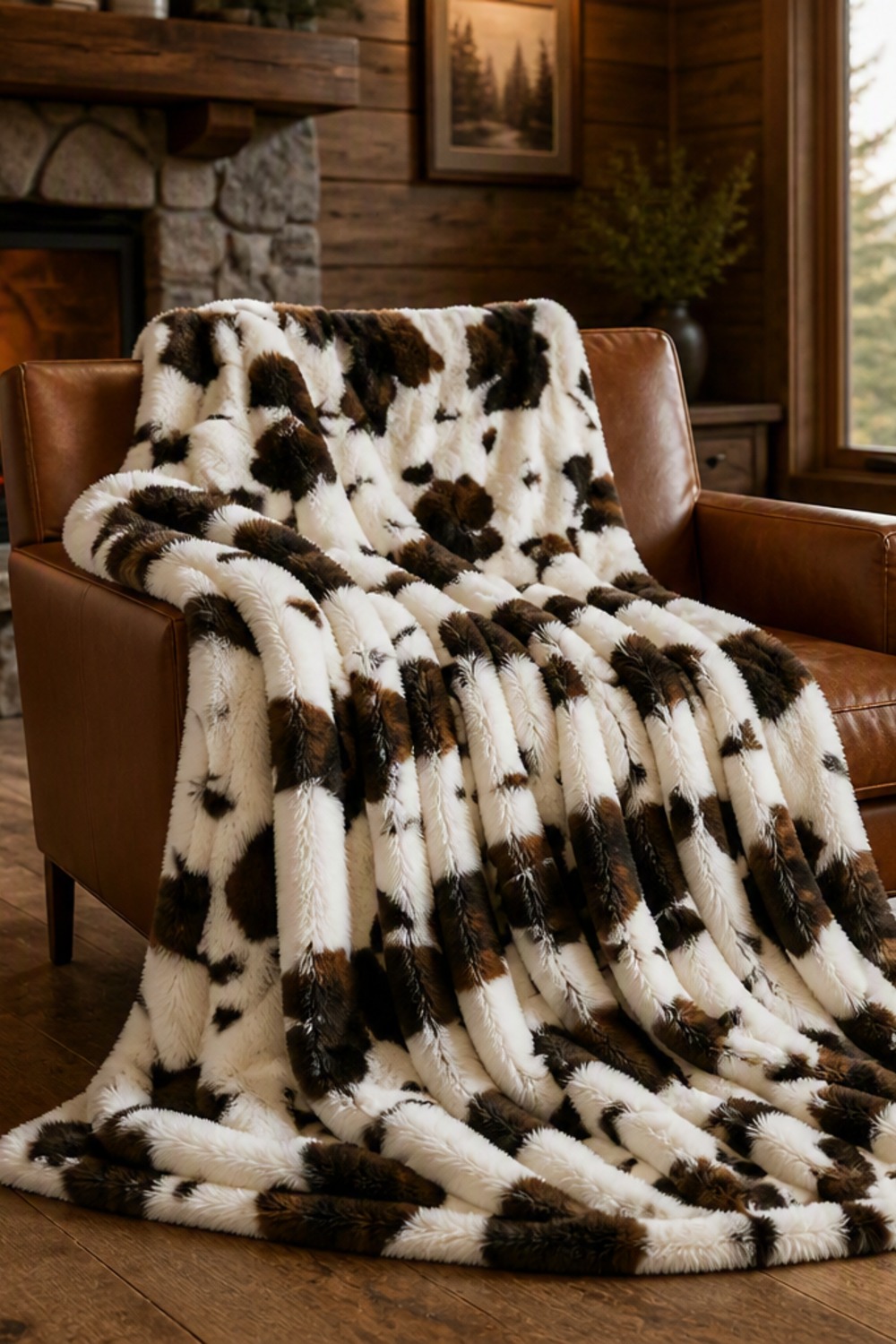 Chocolate and cream cow-print faux fur throw draped over a cognac leather armchair in a cabin living room with a stone fireplace