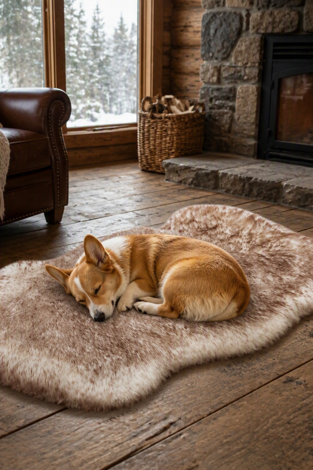 Cowhide-shaped faux fur orthopedic dog bed rug with a golden retriever resting on it near a sunny balcony door