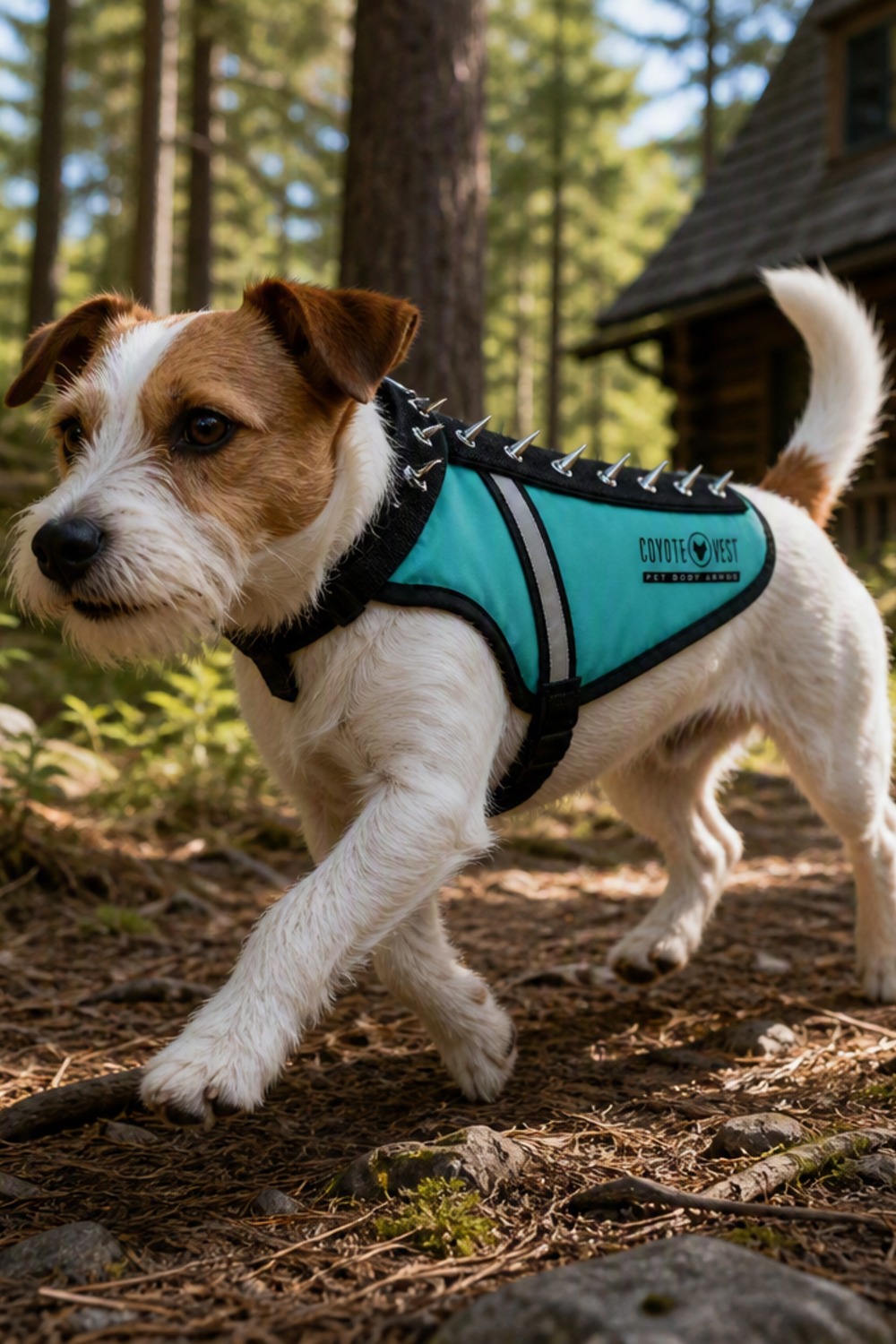 Turquoise spiked stab-resistant dog harness worn by a small dog on a forest trail