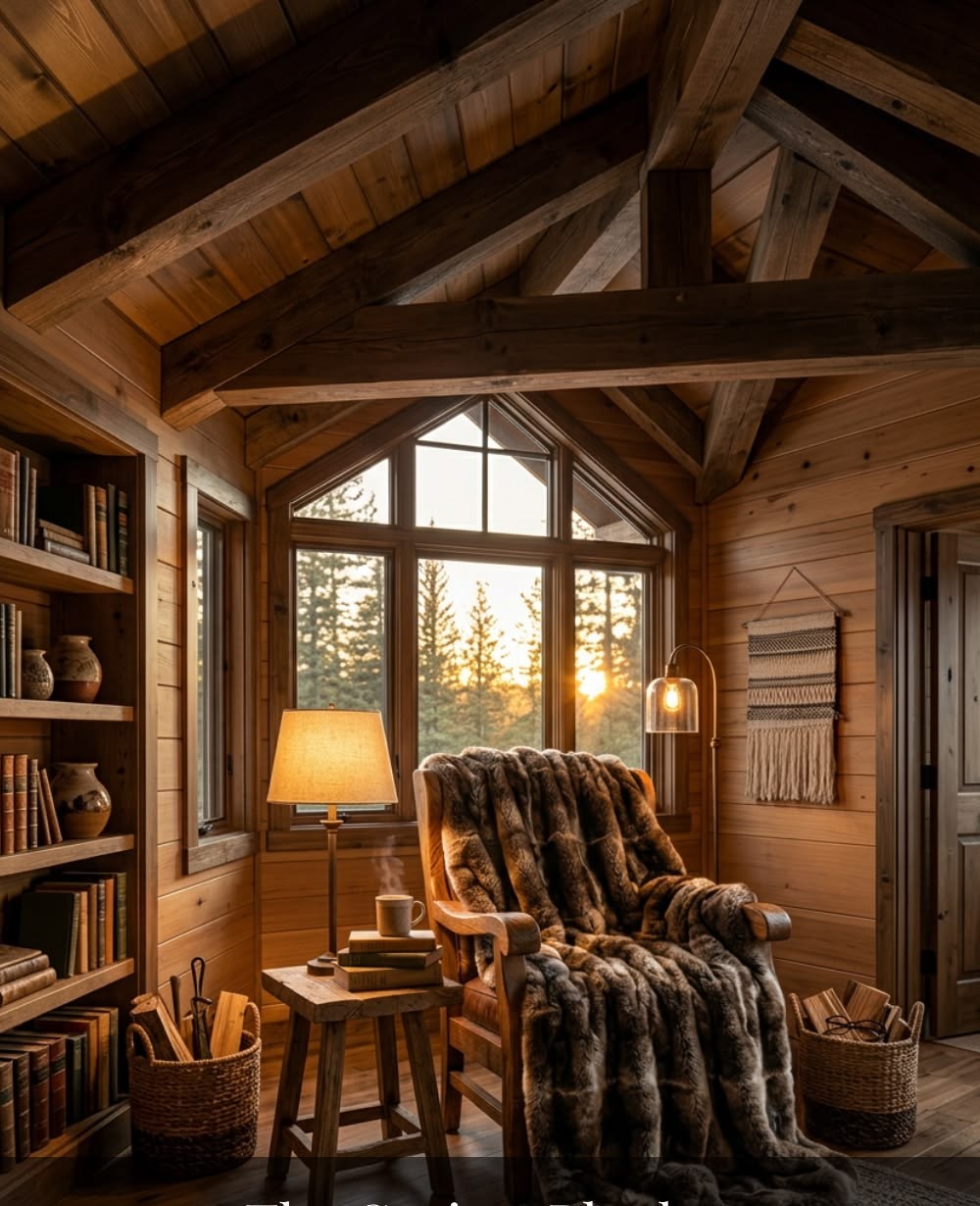 Coffee-brown faux-fur throw blanket draped over a cabin reading chair