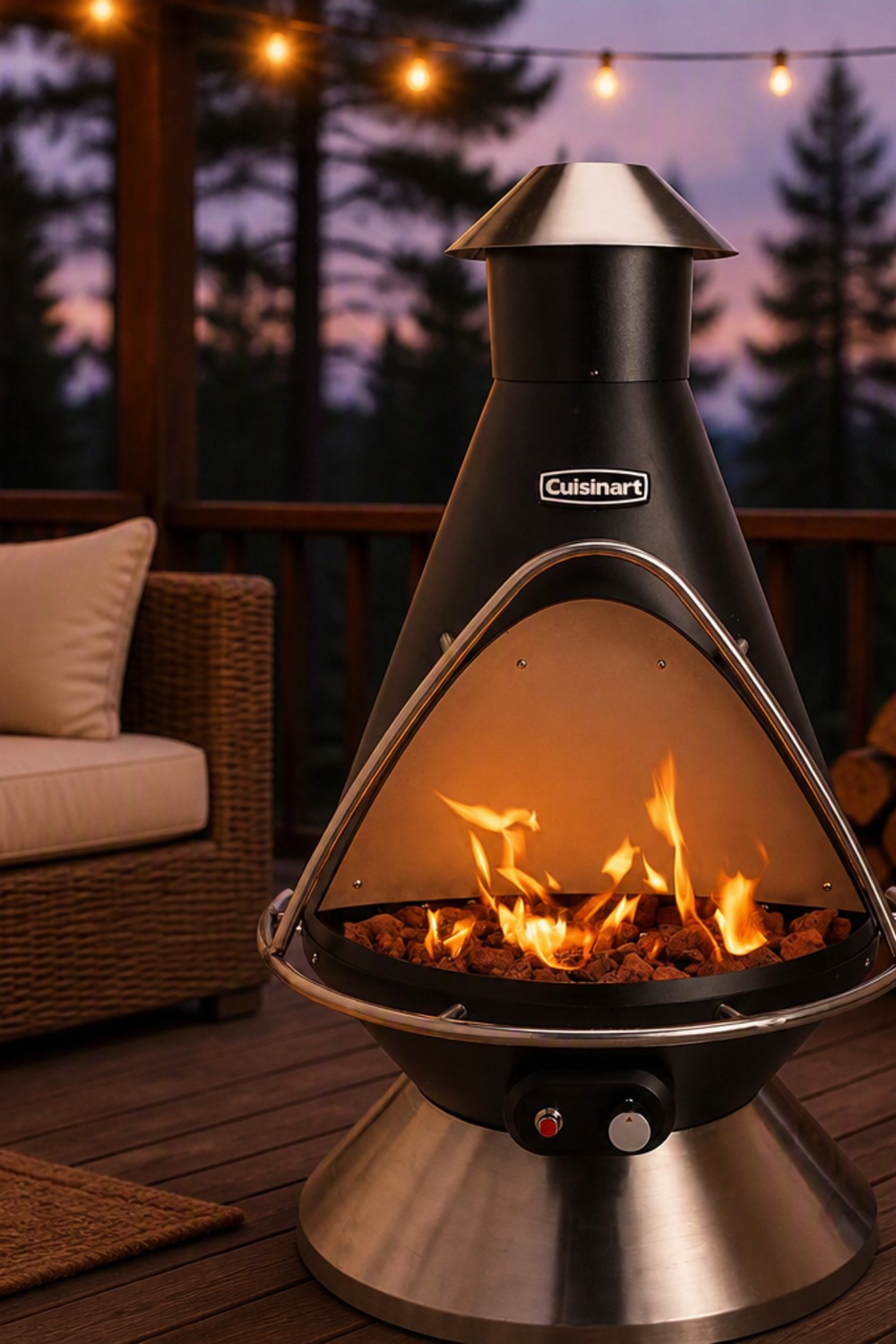 Cuisinart black chimenea-style propane fire pit glowing at dusk on a cabin deck with string lights and a wicker sofa