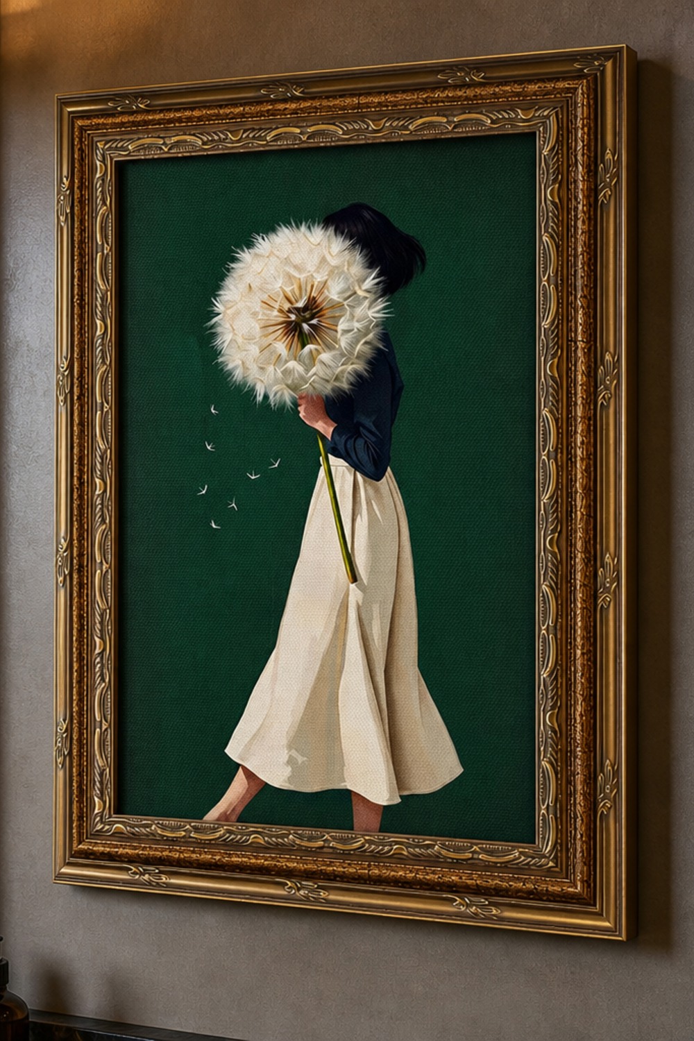 Framed illustration of a woman holding an oversized dandelion puff over her face, in an ornate gold frame on a cabin wall