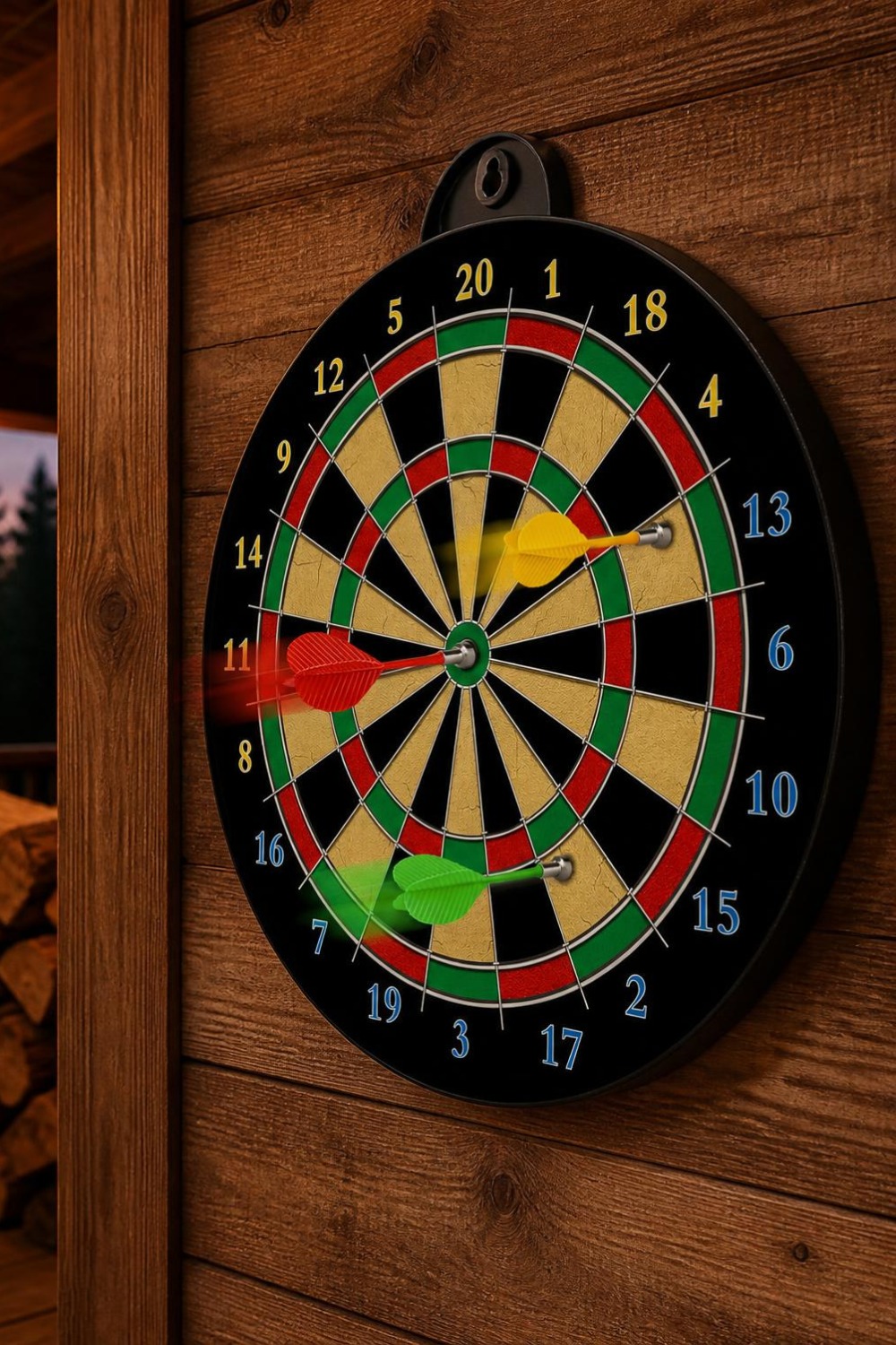 Magnetic dartboard mounted on a rustic cedar wall on a covered cabin patio at dusk, string lights and a stack of firewood nearby